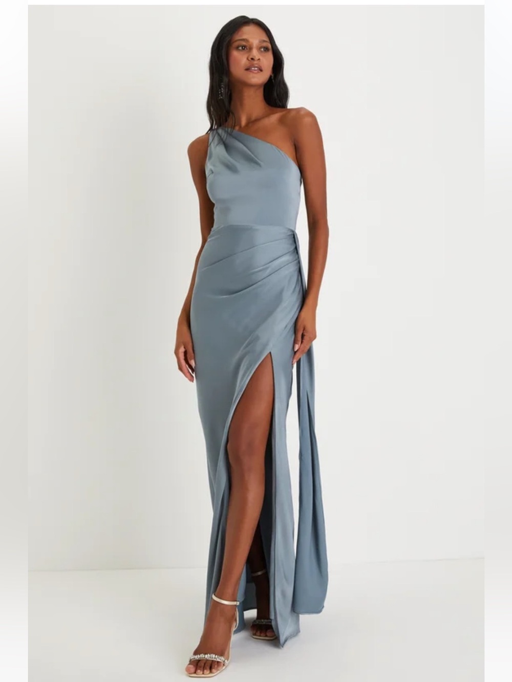 Lulus Signature Elegance Slate Blue Satin One-Shoulder Maxi Dress Womens M NEW